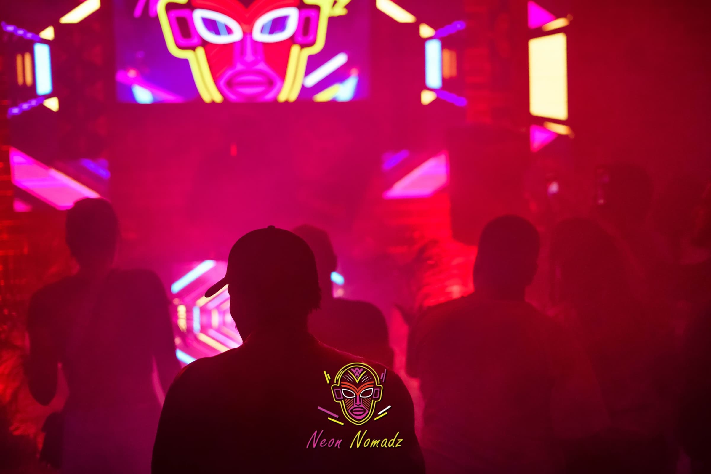 Crowd facing the stage beneath the neon mask